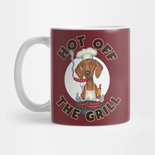 Cute Doxie Dog grilling a wiener on the grill on Dachshund Grilling Wieners Mug